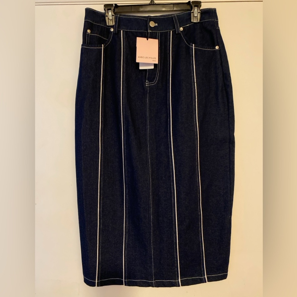 Avec Les Filled Piped Denim Midi Skirt